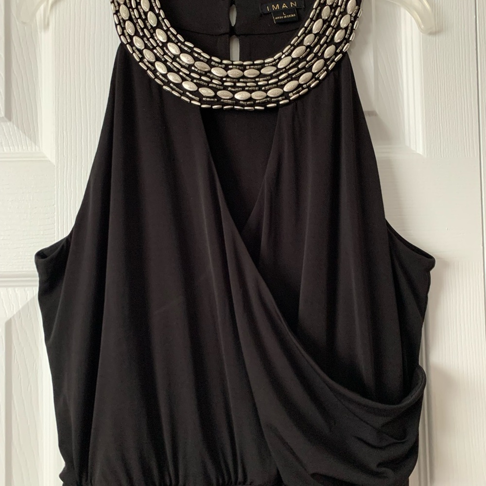 IMAN Dress Size Large Black with pleats and silver beaded neckline